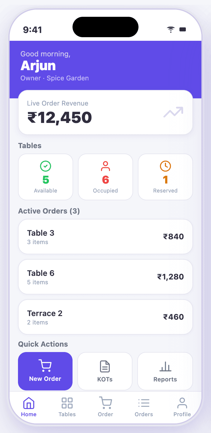 Taplo mobile app showing live orders and table status