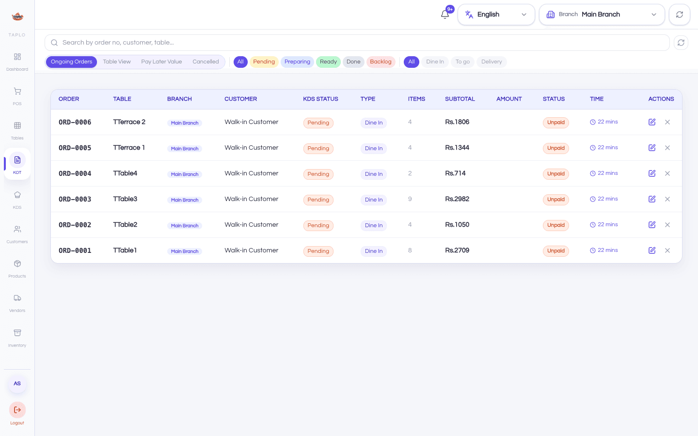 Live order management view