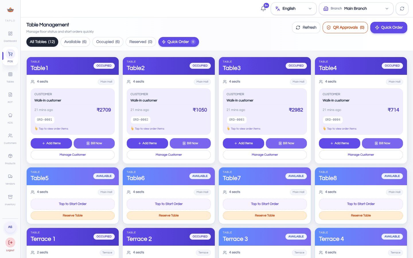 POS table management with occupied tables